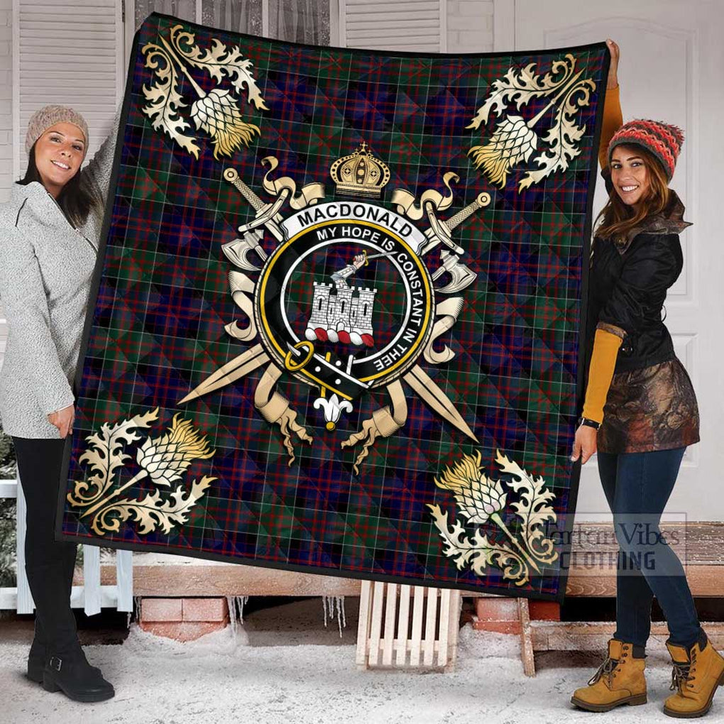 Tartan Vibes Clothing MacDonald (McDonald) of Clanranald Tartan Quilt with Family Crest and Scottish Golden Courage Shield