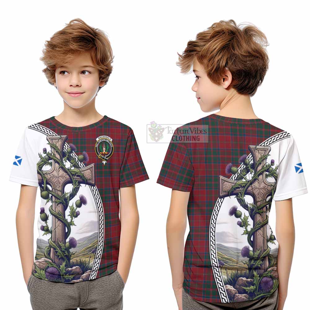 Tartan Vibes Clothing MacDonald (McDonald) of Glencoe Tartan Kid T-Shirt with Family Crest and St. Andrew's Cross Accented by Thistle Vines