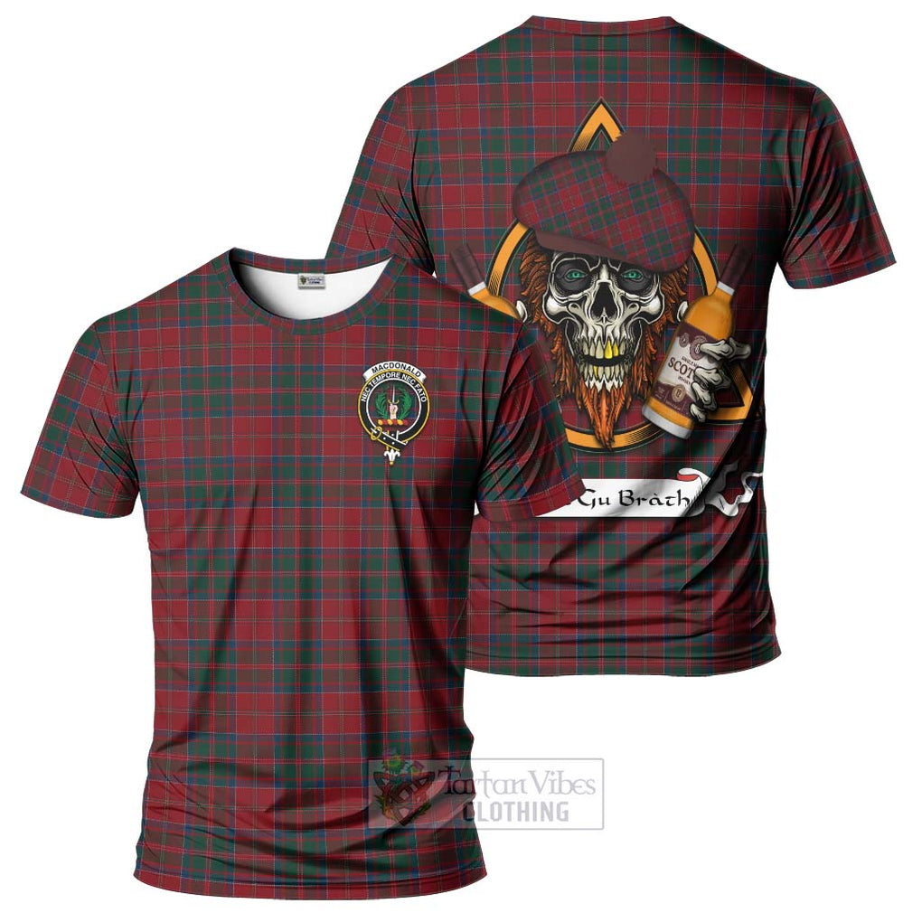 Tartan Vibes Clothing MacDonald (McDonald) of Glencoe Tartan T-Shirt with Family Crest and Bearded Skull Holding Bottles of Whiskey