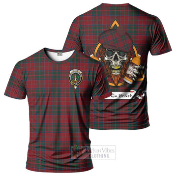 MacDonald (McDonald) of Glencoe Tartan T-Shirt with Family Crest and Bearded Skull Holding Bottles of Whiskey