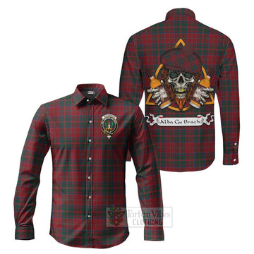 MacDonald (McDonald) of Glencoe Tartan Long Sleeve Button Shirt with Family Crest and Bearded Skull Holding Bottles of Whiskey