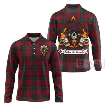 MacDonald (McDonald) of Glencoe Tartan Long Sleeve Polo Shirt with Family Crest and Bearded Skull Holding Bottles of Whiskey