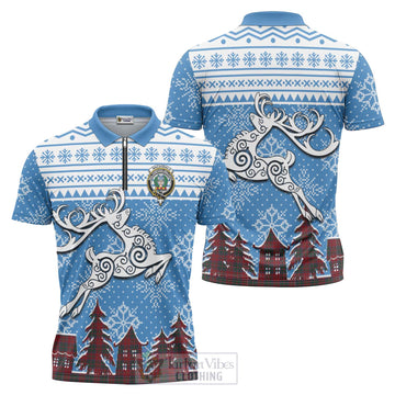 MacDonald (McDonald) of Glencoe Clan Christmas Zipper Polo Shirt Celtic Reindeer Style