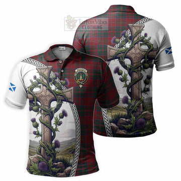 MacDonald (McDonald) of Glencoe Tartan Polo Shirt with Family Crest and St. Andrew's Cross Accented by Thistle Vines