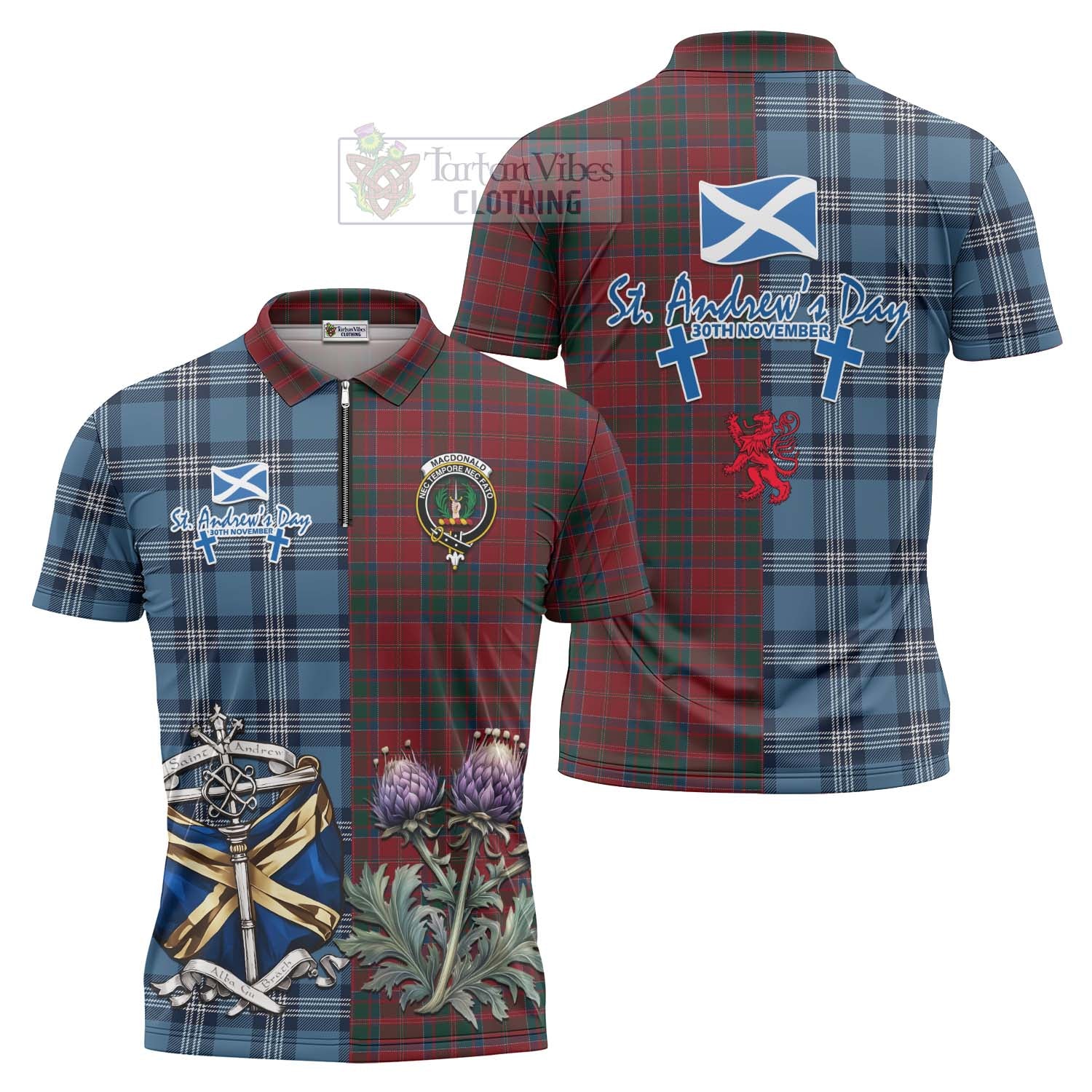 Tartan Vibes Clothing MacDonald (McDonald) of Glencoe Tartan Zipper Polo Shirt Happy St. Andrew's Day Half Tartan Style