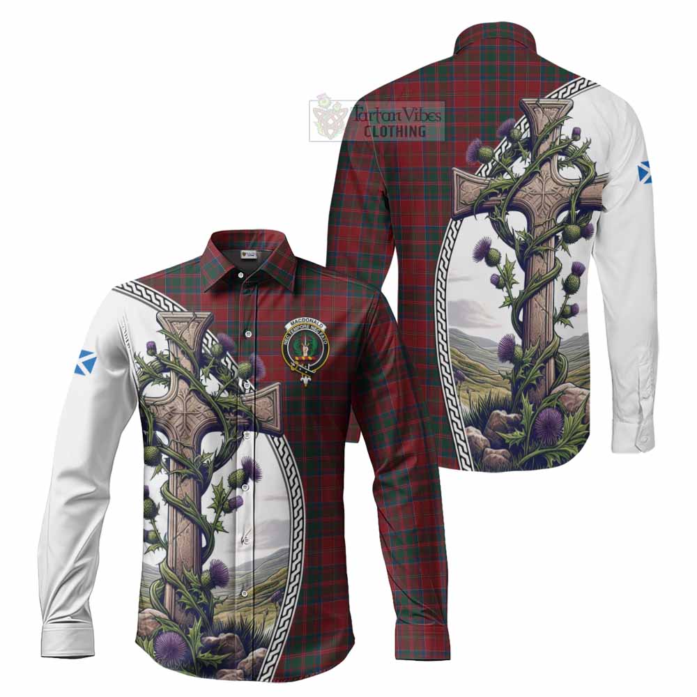 Tartan Vibes Clothing MacDonald (McDonald) of Glencoe Tartan Long Sleeve Button Shirt with Family Crest and St. Andrew's Cross Accented by Thistle Vines