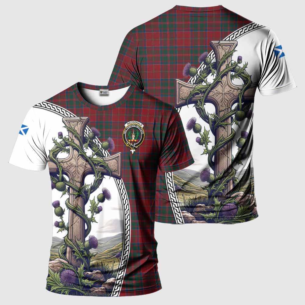 Tartan Vibes Clothing MacDonald (McDonald) of Glencoe Agnew Tartan T-Shirt with Family Crest and St. Andrew's Cross Accented by Thistle Vines