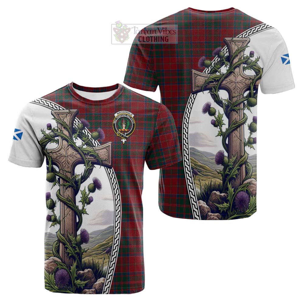 Tartan Vibes Clothing MacDonald (McDonald) of Glencoe Tartan Cotton T-shirt with Family Crest and St. Andrew's Cross Accented by Thistle Vines