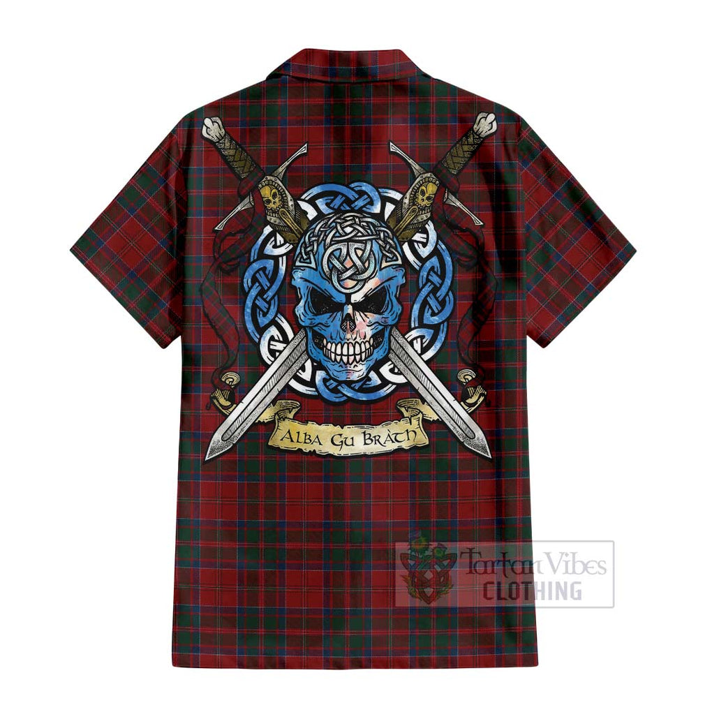 Tartan Vibes Clothing MacDonald (McDonald) of Glencoe Tartan Short Sleeve Button Shirt with Family Crest Celtic Skull Style