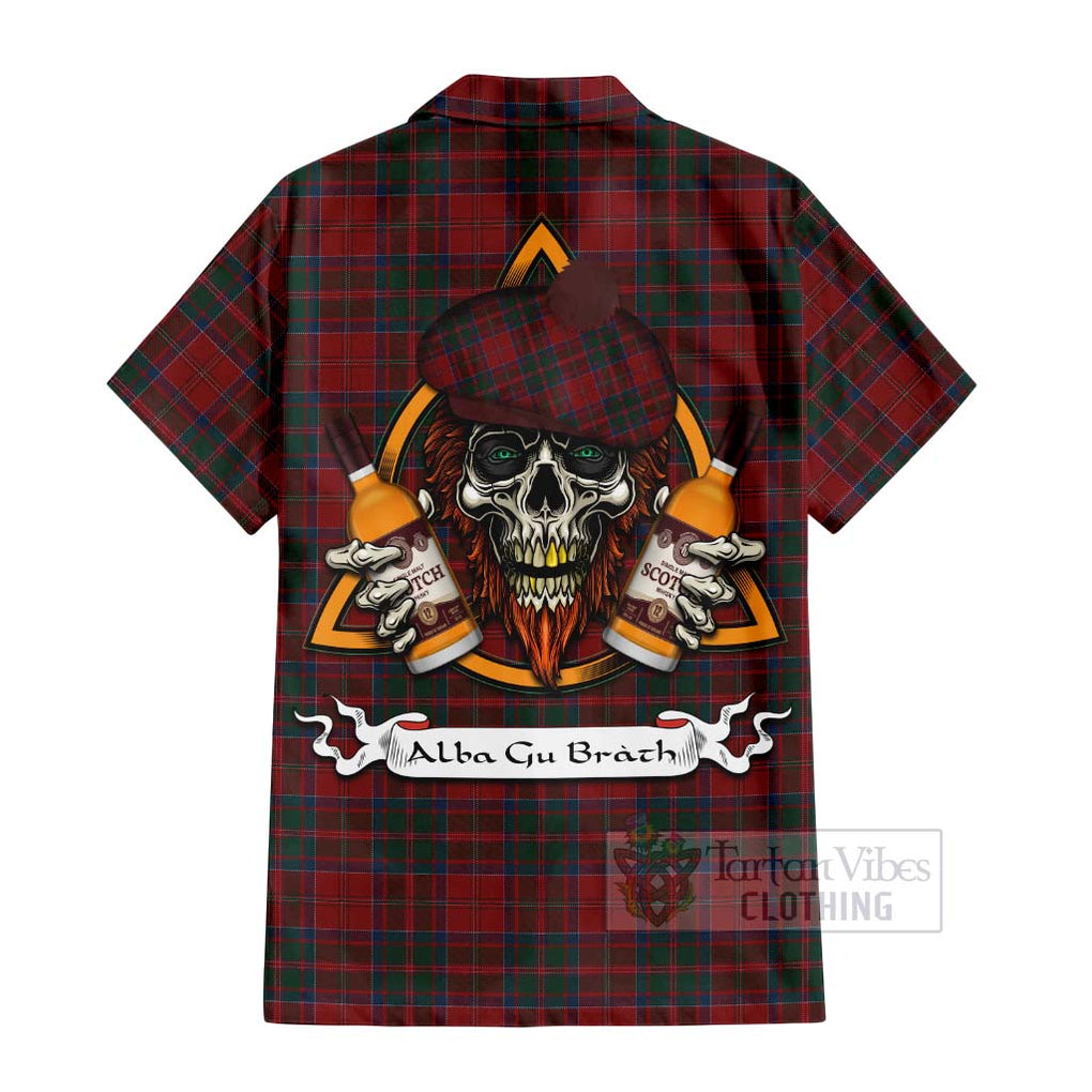 Tartan Vibes Clothing MacDonald (McDonald) of Glencoe Tartan Short Sleeve Button Shirt with Family Crest and Bearded Skull Holding Bottles of Whiskey