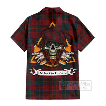 MacDonald (McDonald) of Glencoe Tartan Short Sleeve Button Shirt with Family Crest and Bearded Skull Holding Bottles of Whiskey