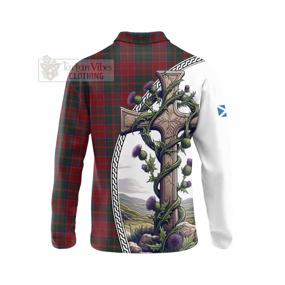 Tartan Vibes Clothing MacDonald (McDonald) of Glencoe Tartan Long Sleeve Polo Shirt with Family Crest and St. Andrew's Cross Accented by Thistle Vines