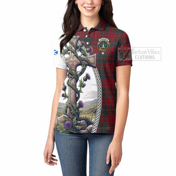 MacDonald (McDonald) of Glencoe Tartan Women's Polo Shirt with Family Crest and St. Andrew's Cross Accented by Thistle Vines