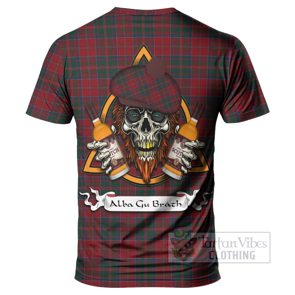 Tartan Vibes Clothing MacDonald (McDonald) of Glencoe Tartan T-Shirt with Family Crest and Bearded Skull Holding Bottles of Whiskey