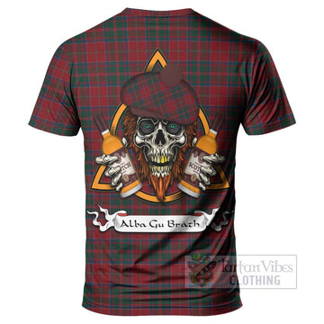 MacDonald (McDonald) of Glencoe Tartan T-Shirt with Family Crest and Bearded Skull Holding Bottles of Whiskey