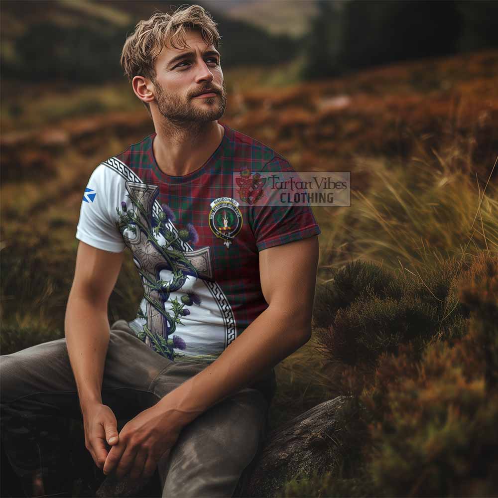 Tartan Vibes Clothing MacDonald (McDonald) of Glencoe Agnew Tartan T-Shirt with Family Crest and St. Andrew's Cross Accented by Thistle Vines