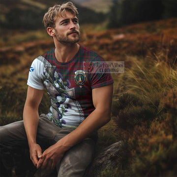 MacDonald (McDonald) of Glencoe Tartan T-Shirt with Family Crest and St. Andrew's Cross Accented by Thistle Vines