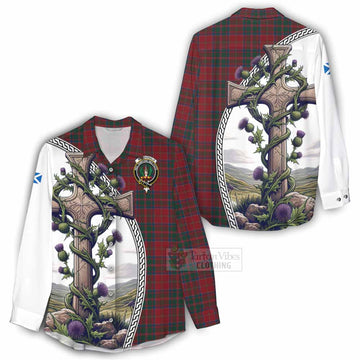 MacDonald (McDonald) of Glencoe Tartan Women's Casual Shirt with Family Crest and St. Andrew's Cross Accented by Thistle Vines