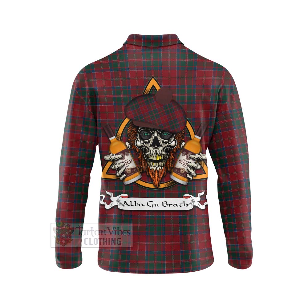 Tartan Vibes Clothing MacDonald (McDonald) of Glencoe Tartan Long Sleeve Polo Shirt with Family Crest and Bearded Skull Holding Bottles of Whiskey