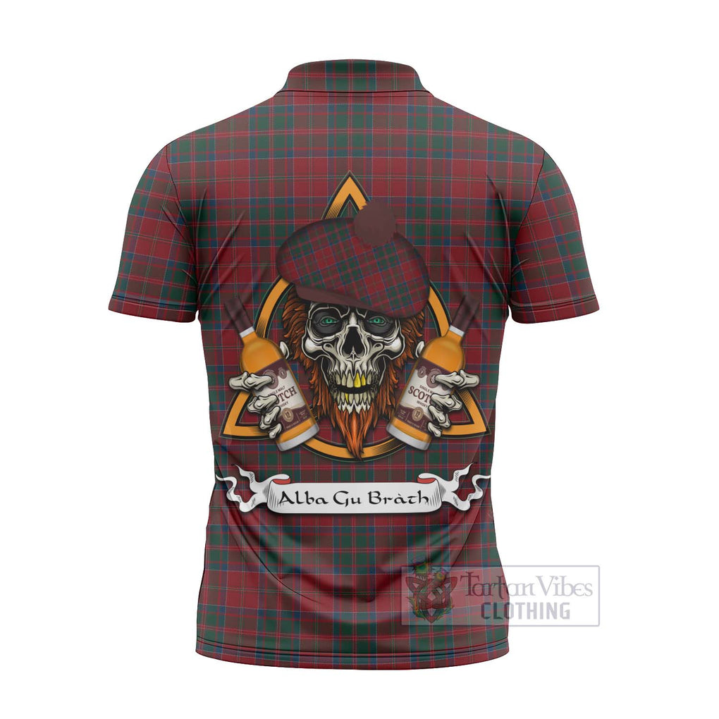 Tartan Vibes Clothing MacDonald (McDonald) of Glencoe Tartan Zipper Polo Shirt with Family Crest and Bearded Skull Holding Bottles of Whiskey