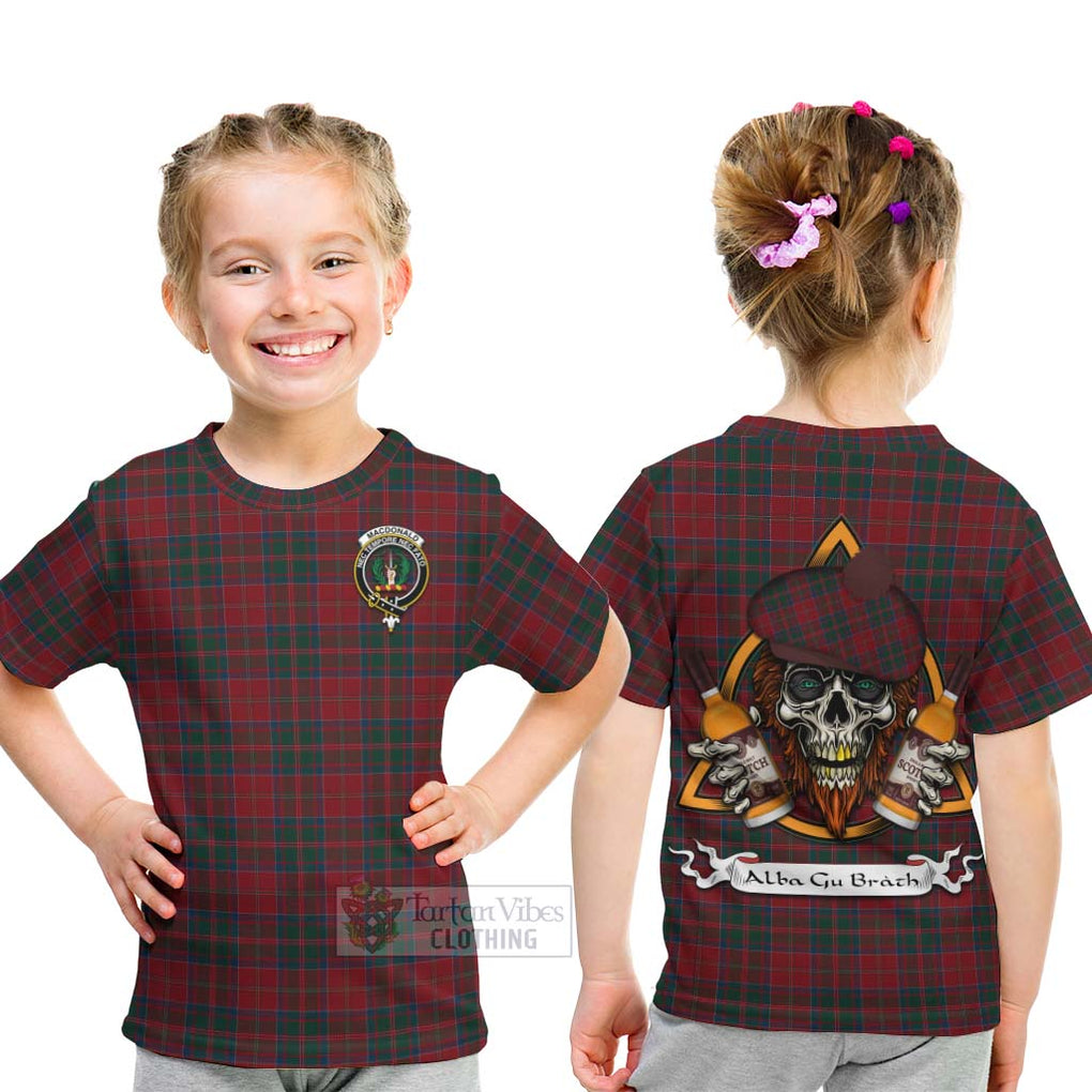 Tartan Vibes Clothing MacDonald (McDonald) of Glencoe Tartan Kid T-Shirt with Family Crest and Bearded Skull Holding Bottles of Whiskey