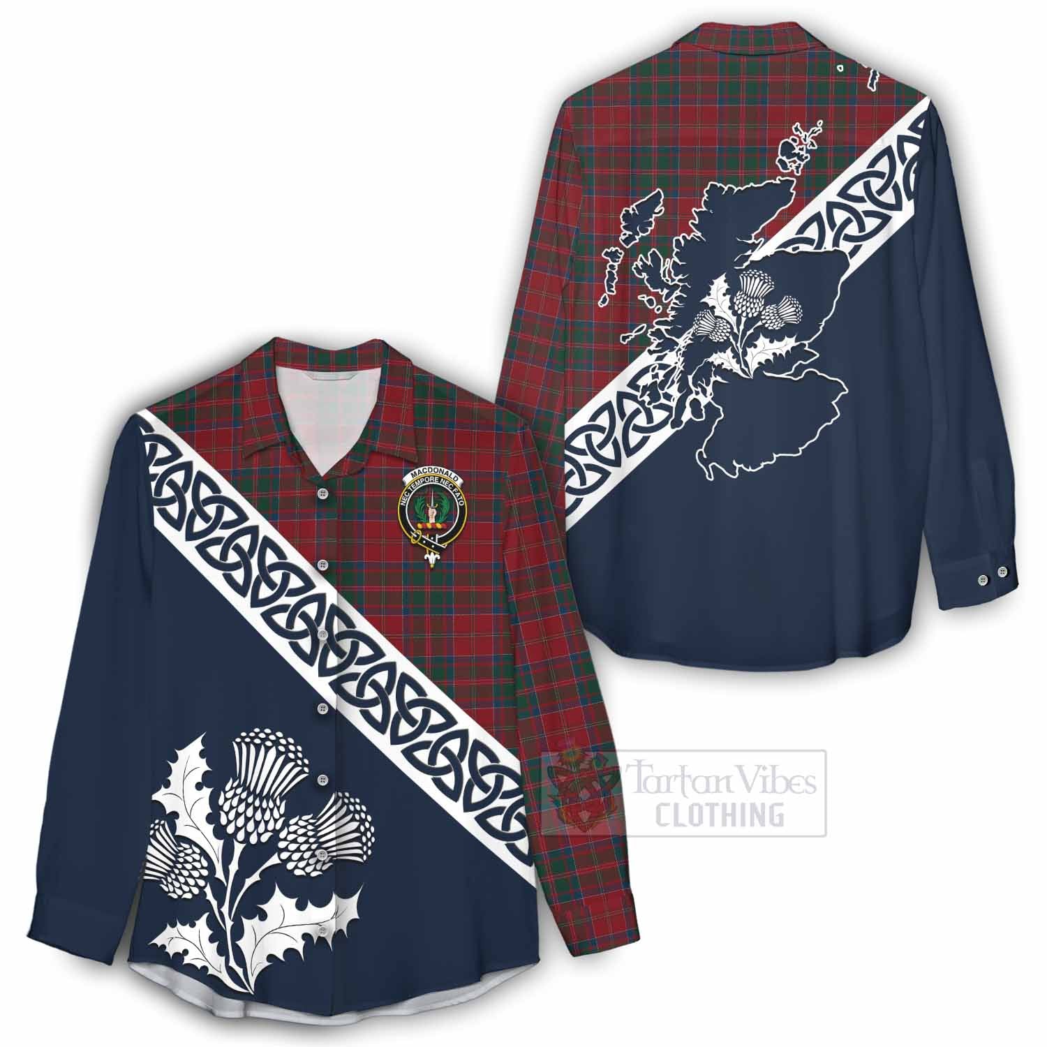 Tartan Vibes Clothing MacDonald (McDonald) of Glencoe Tartan Women's Casual Shirt Featuring Thistle and Scotland Map