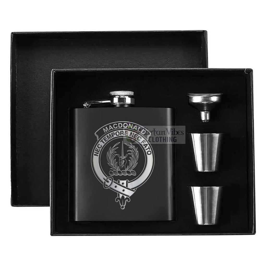 Tartan Vibes Clothing MacDonald (McDonald) of Glencoe Crest Hip Flask Set 7oz Black Stainless Steel with A Gift Box