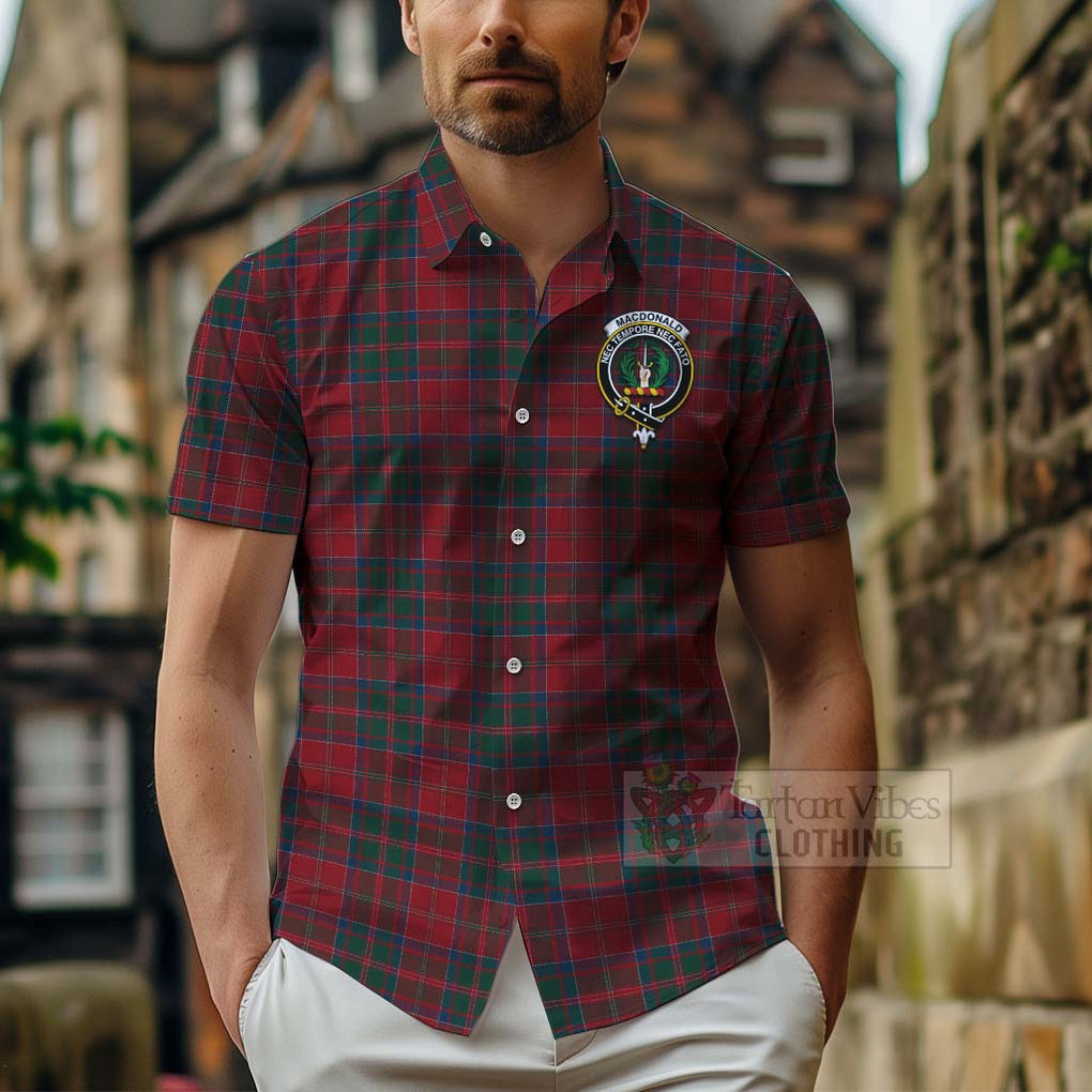 Tartan Vibes Clothing MacDonald (McDonald) of Glencoe Tartan Short Sleeve Button Shirt with Family Crest Celtic Skull Style