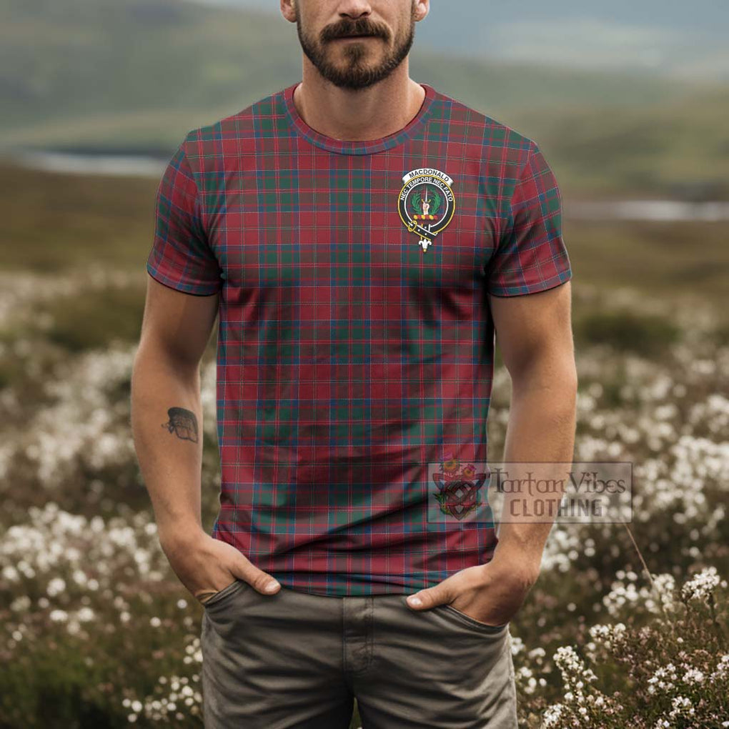 Tartan Vibes Clothing MacDonald (McDonald) of Glencoe Tartan T-Shirt with Family Crest and Bearded Skull Holding Bottles of Whiskey