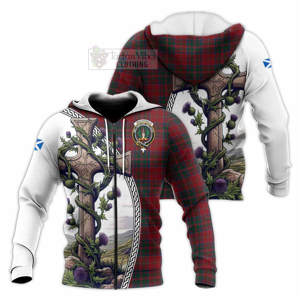 Tartan Vibes Clothing MacDonald (McDonald) of Glencoe Tartan Knitted Hoodie with Family Crest and St. Andrew's Cross Accented by Thistle Vines