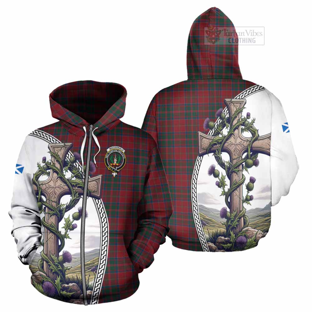 Tartan Vibes Clothing MacDonald (McDonald) of Glencoe Tartan Hoodie with Family Crest and St. Andrew's Cross Accented by Thistle Vines