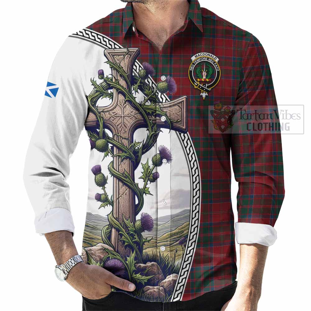 Tartan Vibes Clothing MacDonald (McDonald) of Glencoe Tartan Long Sleeve Button Shirt with Family Crest and St. Andrew's Cross Accented by Thistle Vines