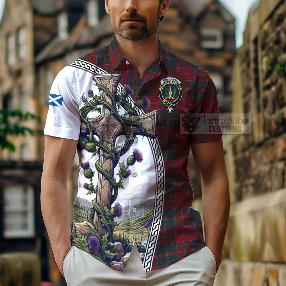 Tartan Vibes Clothing MacDonald (McDonald) of Glencoe Tartan Short Sleeve Button Shirt with Family Crest and St. Andrew's Cross Accented by Thistle Vines