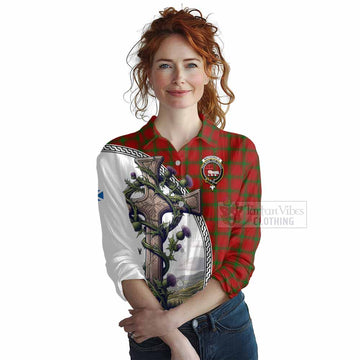 MacDonald (McDonald) of Sleat Tartan Women's Casual Shirt with Family Crest and St. Andrew's Cross Accented by Thistle Vines