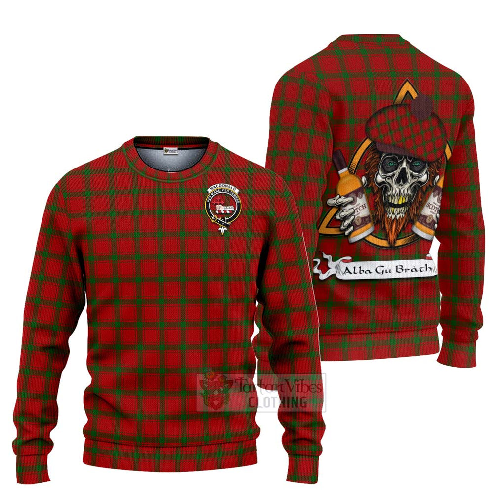 Tartan Vibes Clothing MacDonald (McDonald) of Sleat Tartan Knitted Sweater with Family Crest and Bearded Skull Holding Bottles of Whiskey