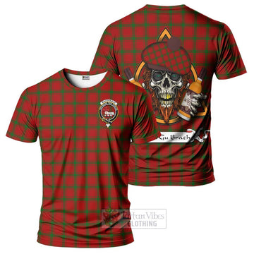 MacDonald (McDonald) of Sleat Tartan T-Shirt with Family Crest and Bearded Skull Holding Bottles of Whiskey