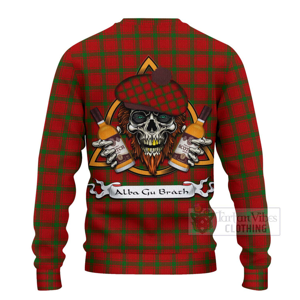 Tartan Vibes Clothing MacDonald (McDonald) of Sleat Tartan Knitted Sweater with Family Crest and Bearded Skull Holding Bottles of Whiskey