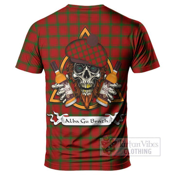 MacDonald (McDonald) of Sleat Tartan T-Shirt with Family Crest and Bearded Skull Holding Bottles of Whiskey