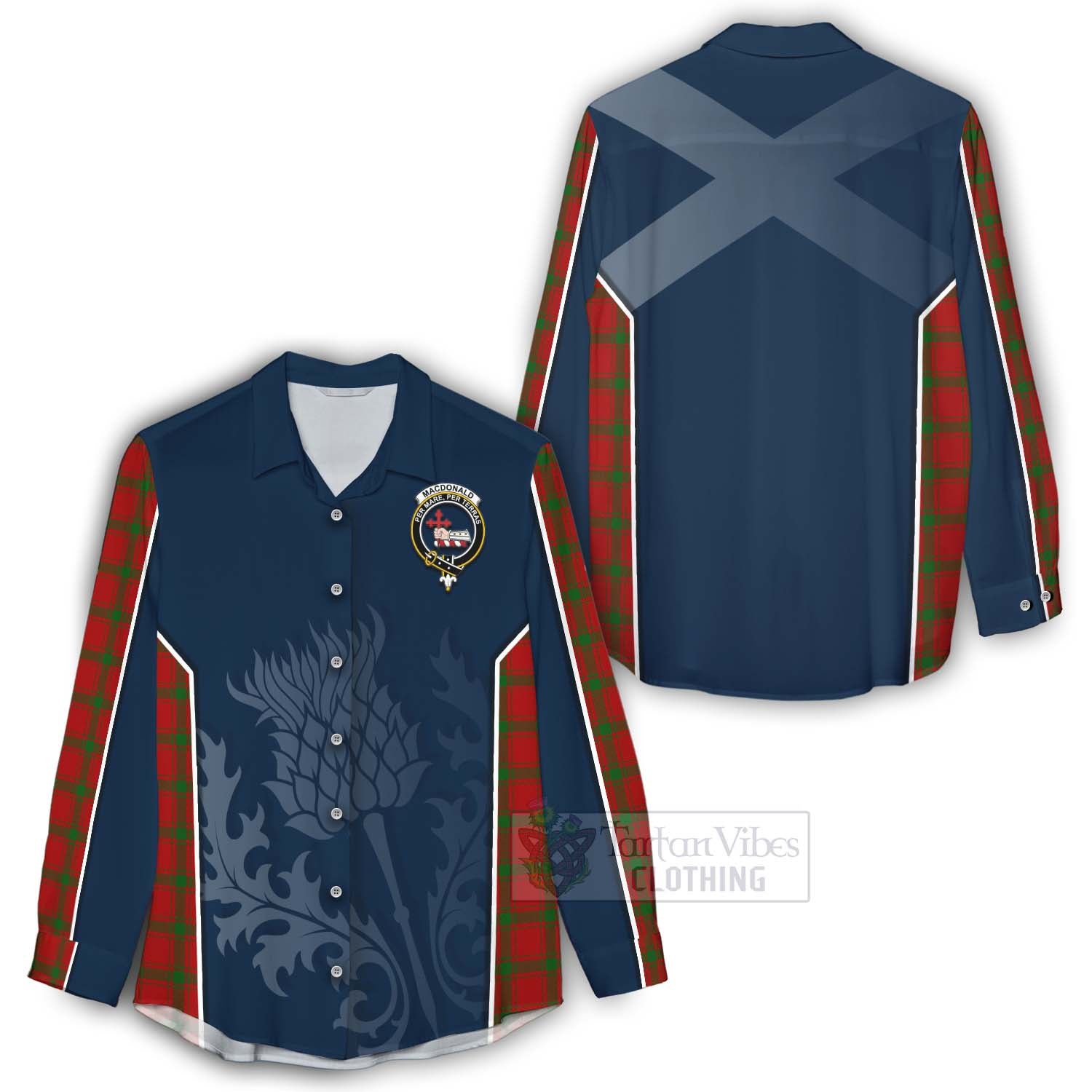 Tartan Vibes Clothing MacDonald (McDonald) of Sleat Tartan Women's Casual Shirt with Family Crest and Scottish Thistle Vibes Sport Style