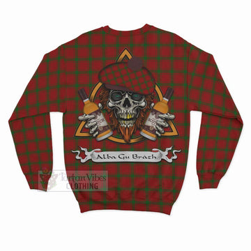 MacDonald (McDonald) of Sleat Tartan Sweatshirt with Family Crest and Bearded Skull Holding Bottles of Whiskey