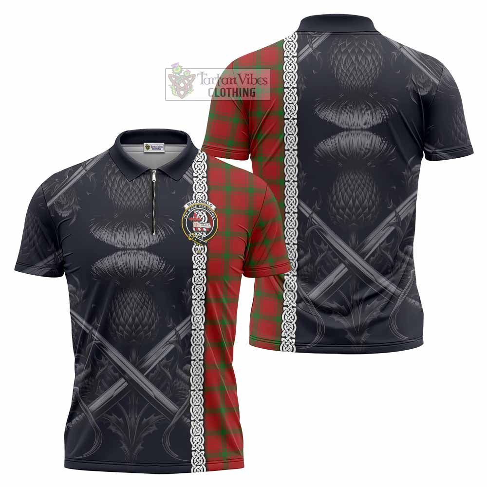 Tartan Vibes Clothing MacDonald (McDonald) of Sleat Tartan Zipper Polo Shirt with Family Crest Cross Sword Thistle Celtic Vibes