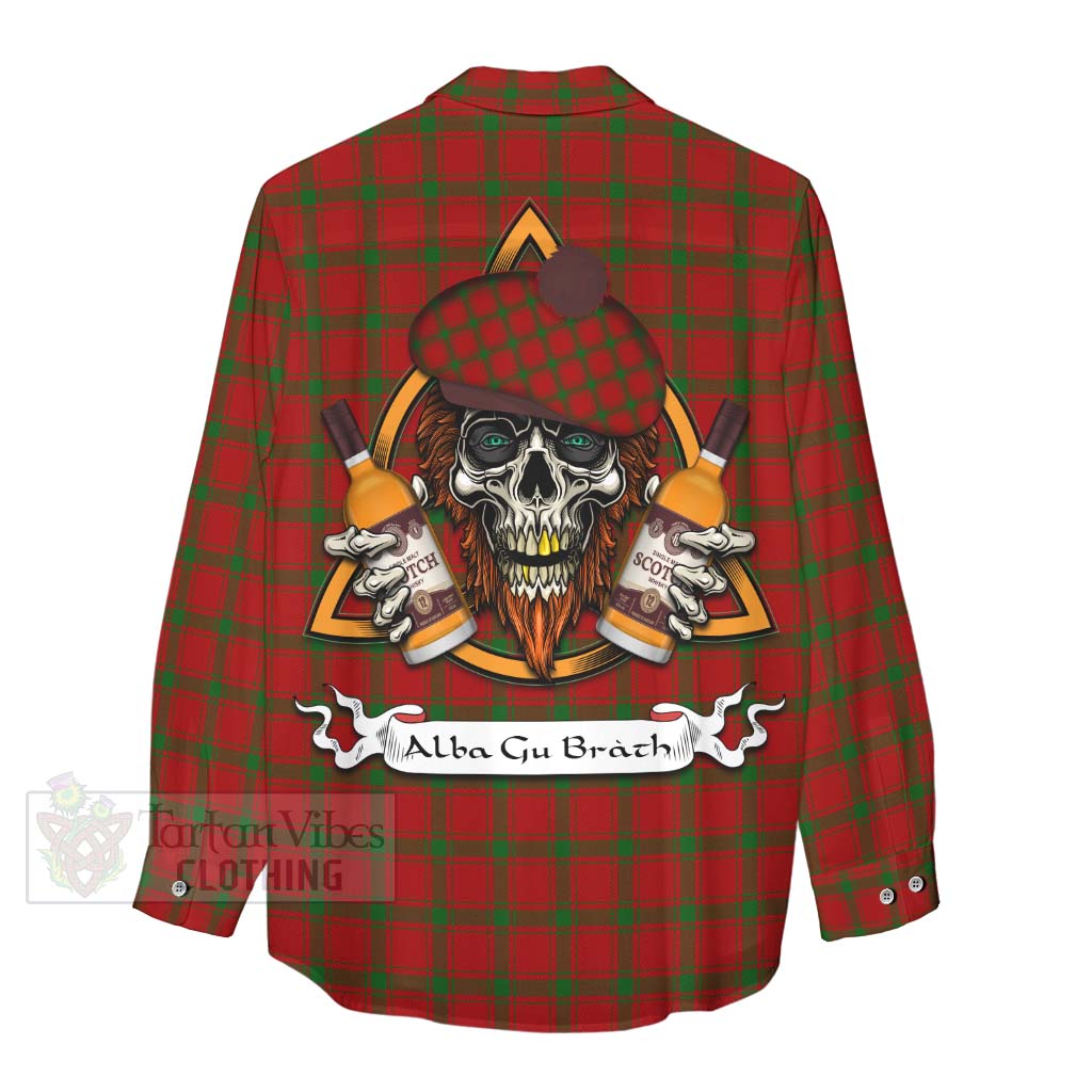 Tartan Vibes Clothing MacDonald (McDonald) of Sleat Tartan Women's Casual Shirt with Family Crest and Bearded Skull Holding Bottles of Whiskey