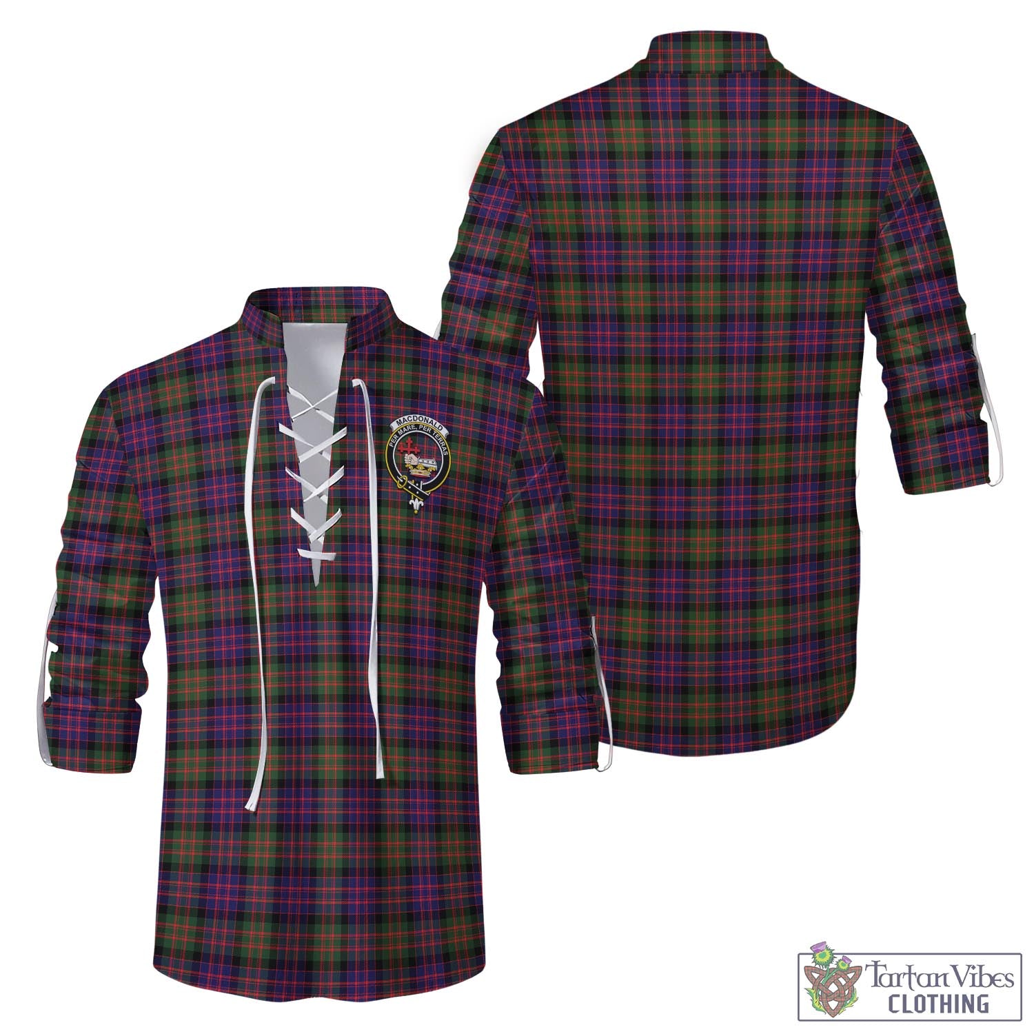 Tartan Vibes Clothing MacDonald Modern Tartan Men's Scottish Traditional Jacobite Ghillie Kilt Shirt with Family Crest