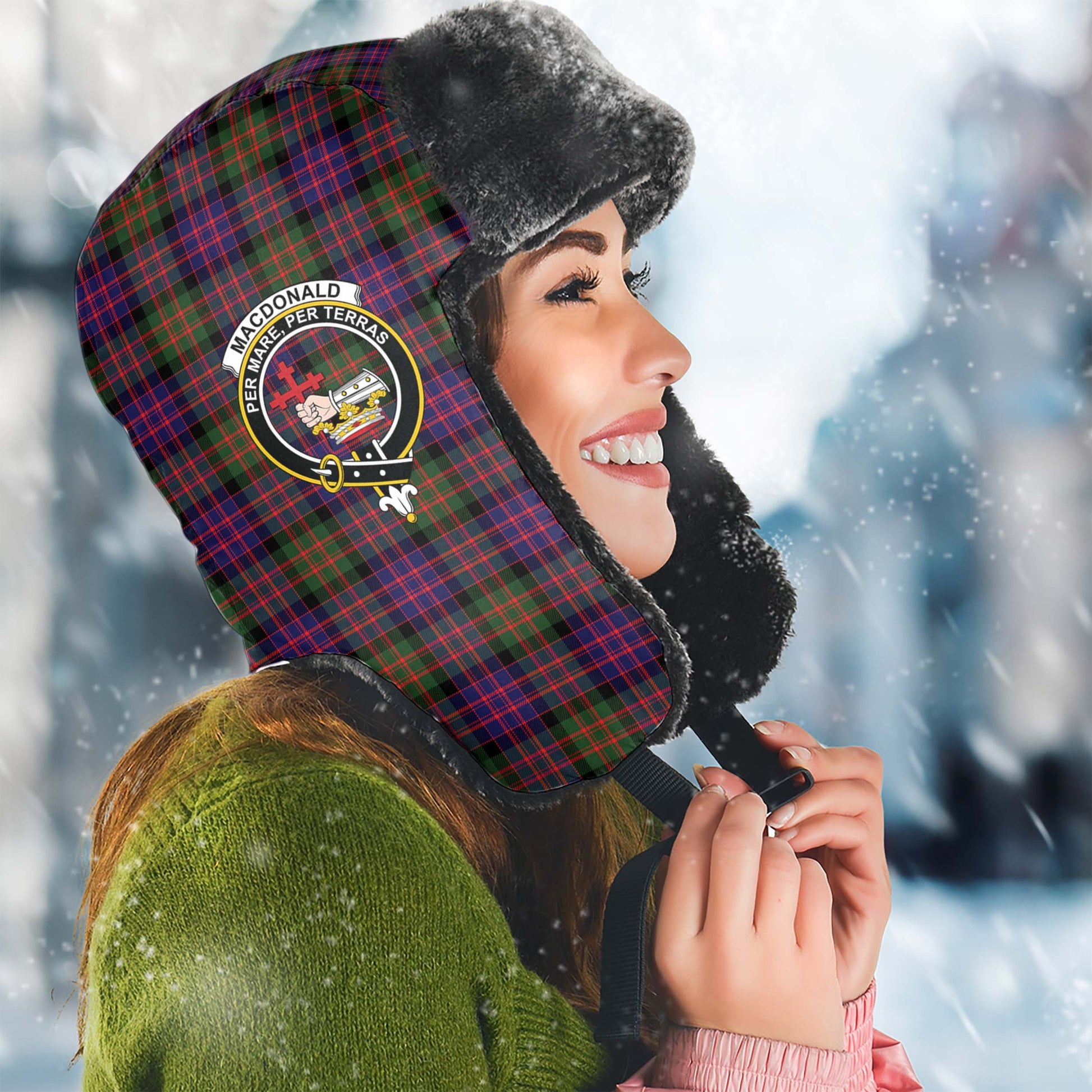 MacDonald Modern Tartan Winter Trapper Hat with Family Crest Winter Trapper Hat Universal Fit Circumference 22.8in (58cm) - Tartanvibesclothing