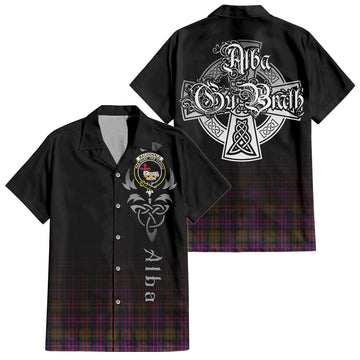 MacDonald Modern Tartan Short Sleeve Button Up Shirt Featuring Alba Gu Brath Family Crest Celtic Inspired