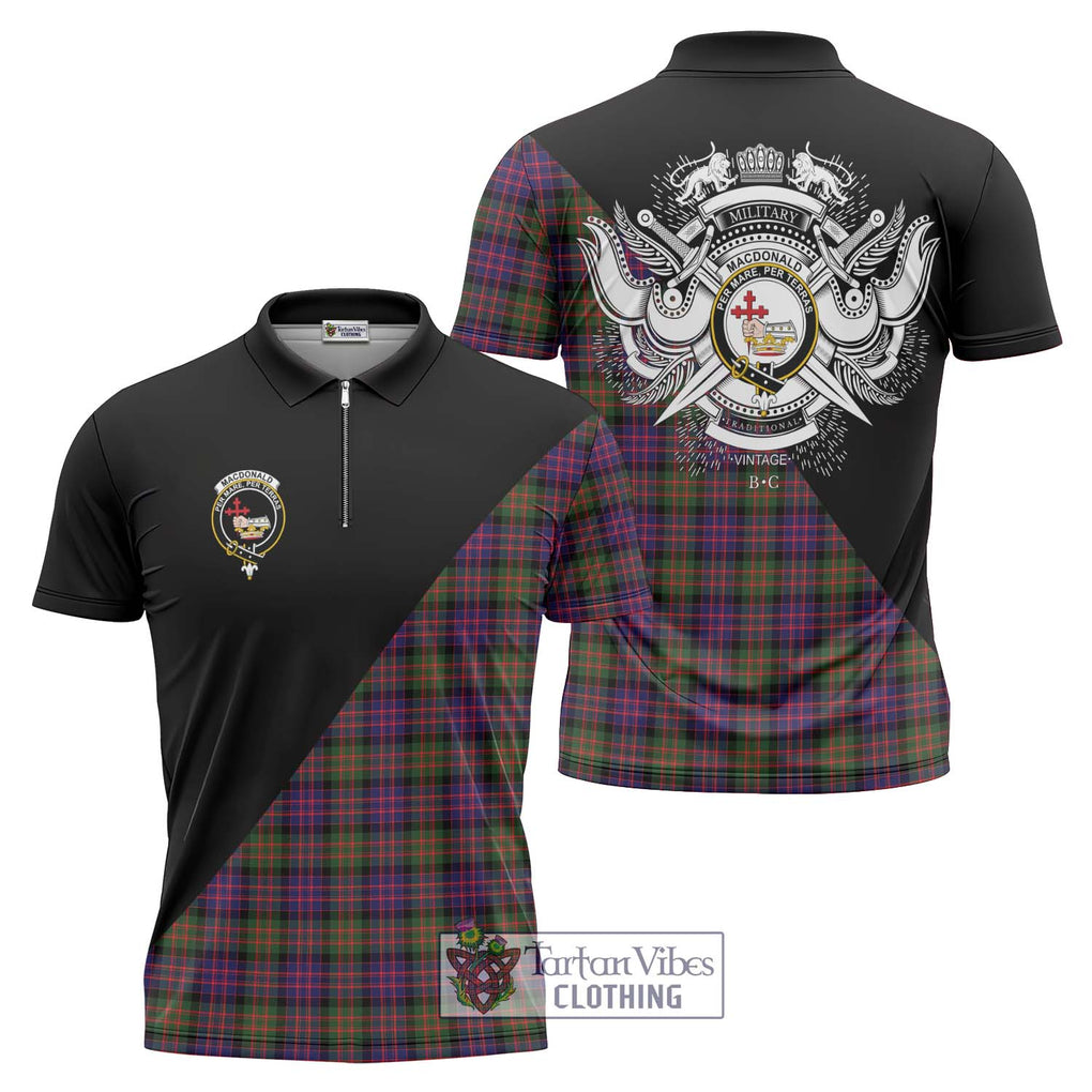 MacDonald Modern Tartan Zipper Polo Shirt with Family Crest and Military Logo Style Unisex - Tartanvibesclothing Shop