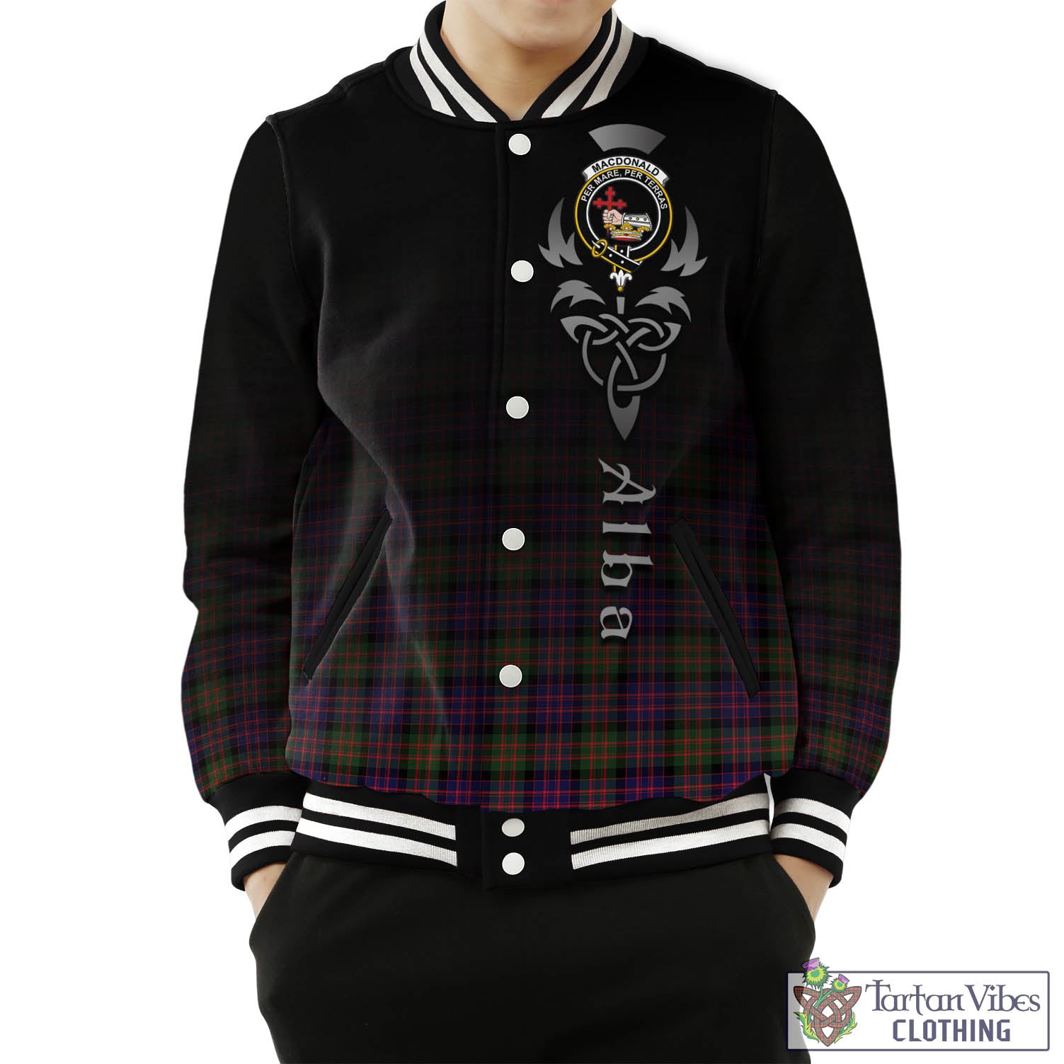 Tartan Vibes Clothing MacDonald Modern Tartan Baseball Jacket Featuring Alba Gu Brath Family Crest Celtic Inspired