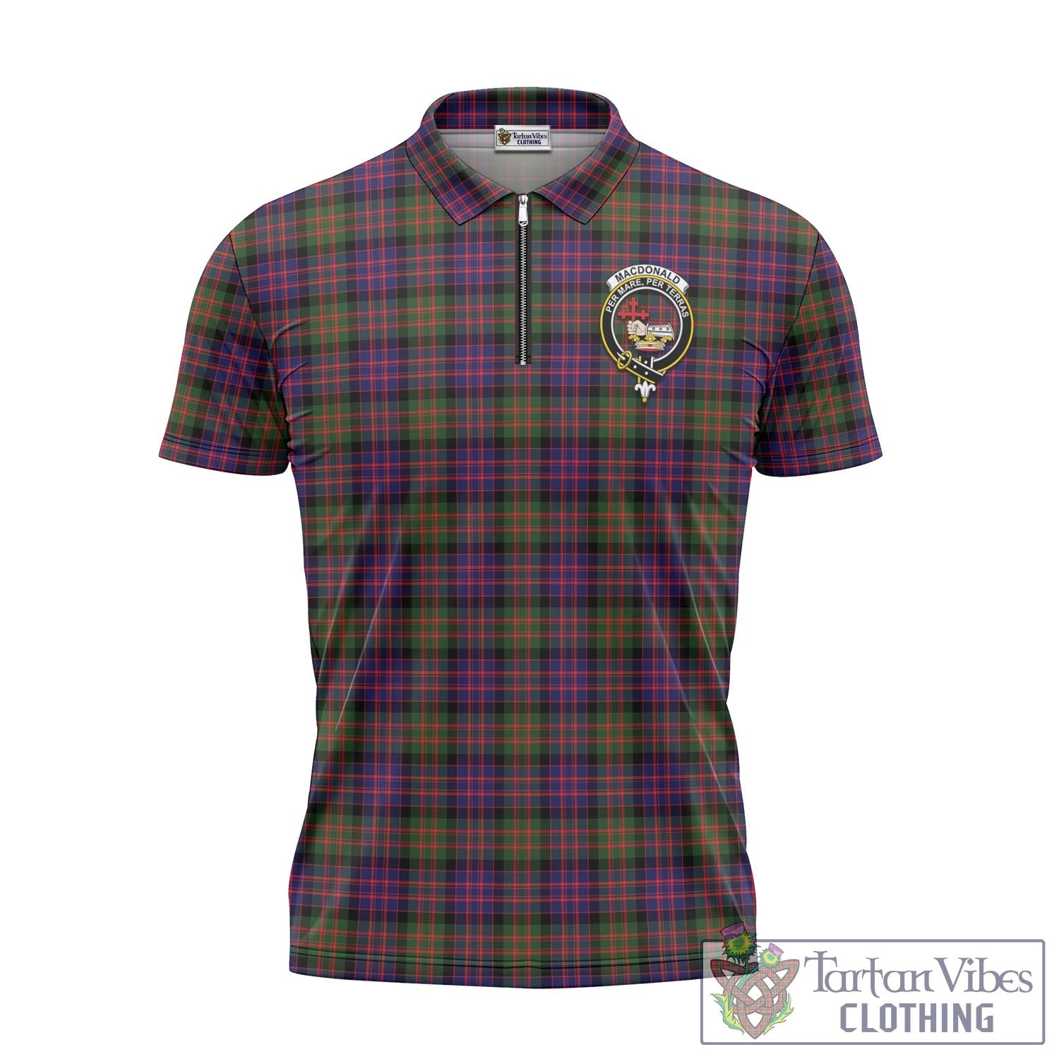 Tartan Vibes Clothing MacDonald Modern Tartan Zipper Polo Shirt with Family Crest