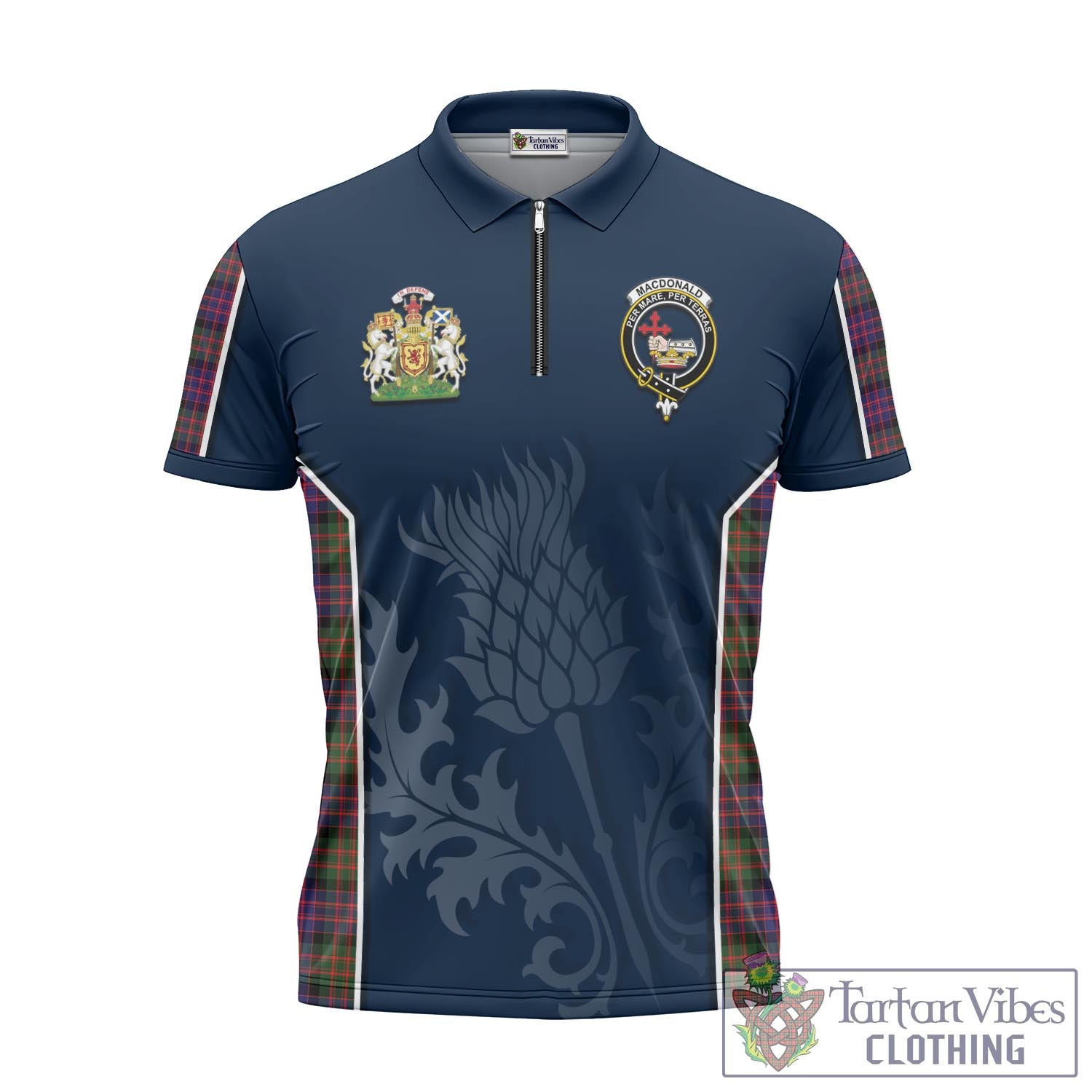 Tartan Vibes Clothing MacDonald Modern Tartan Zipper Polo Shirt with Family Crest and Scottish Thistle Vibes Sport Style