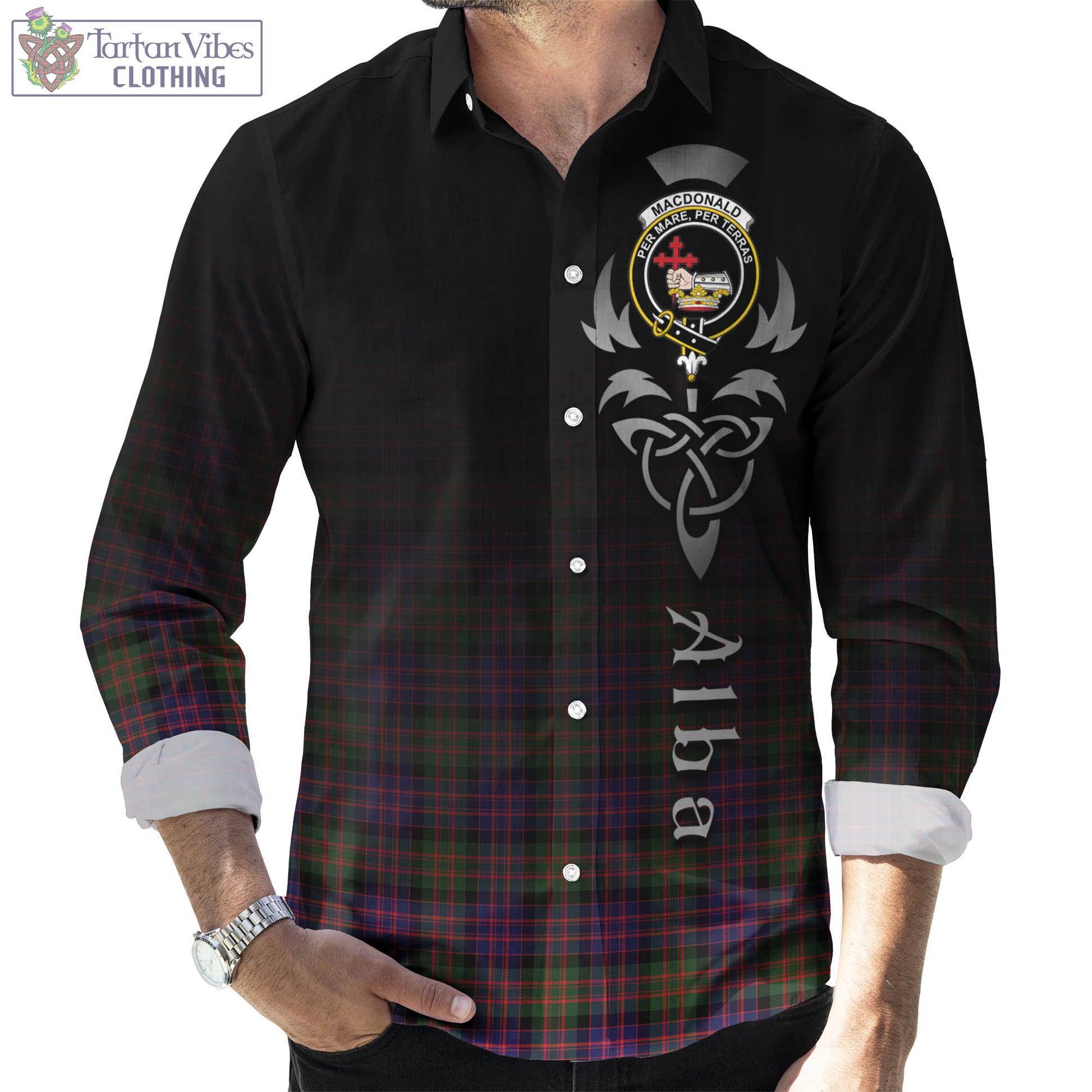 Tartan Vibes Clothing MacDonald Modern Tartan Long Sleeve Button Up Featuring Alba Gu Brath Family Crest Celtic Inspired